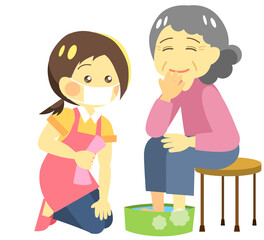 介護士と足湯をするおばあちゃん02※Affinity Designerにて作成