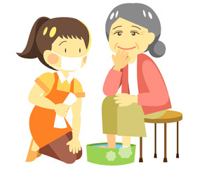 介護士と足湯をするおばあちゃん01※Affinity Designerにて作成