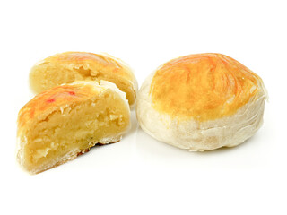 Colorful Chinese pastry Mung Bean with Egg Yolk or moon cake , Chinese festival dessert isolated on...