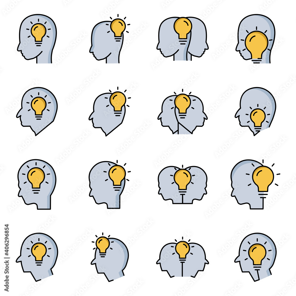 Poster head lineal color set icon with light bulb. concept of new idea. idea generation process. simple des