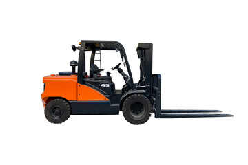 Orange forklift in warehouse on white background isolated and clipping path
