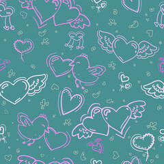Seamless pattern with hearts and birds. Doodle art for simple design. Cute pink hearts and birds on a gray-green background