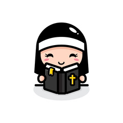 cute nun character design looking at the bible