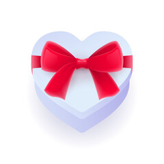 White glossy gift box in heart shape with red bow. Valentines Day object, romantic love element. Wedding invitation, greeting card design realistic vector illustration on white background