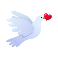 Flying white dove carrying red heart. Wedding and Valentines Day symbol. Pigeon bird romantic love sign vector illustration isolated on white background