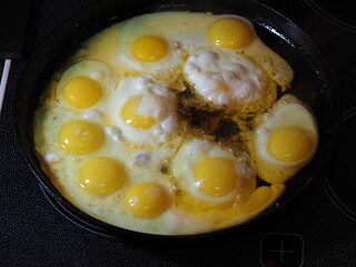 chicken eggs in a pan in oil fried