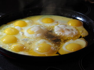 chicken eggs in a pan in oil fried
