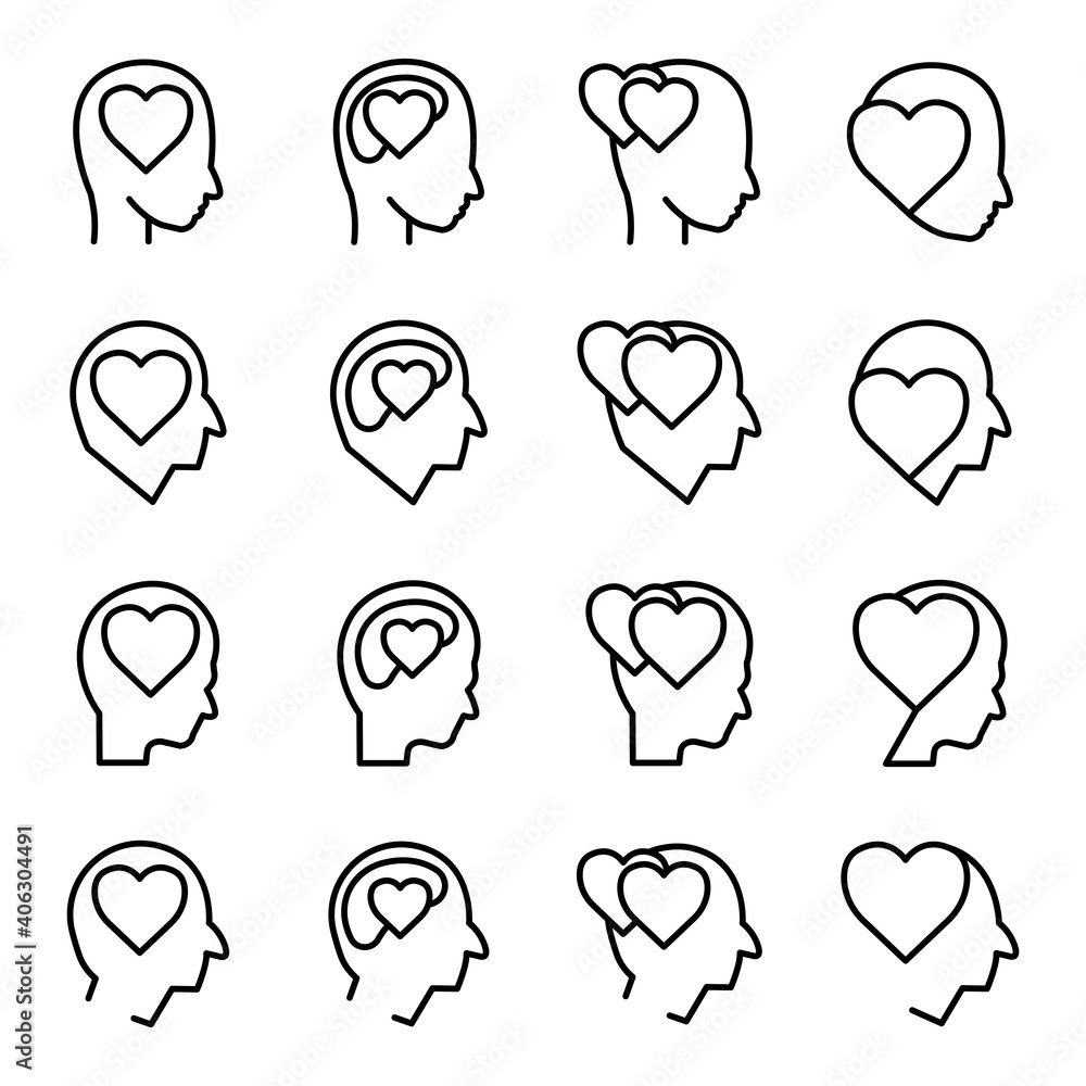 Poster head with heart line icon set. in love symbol. simple design editable. design template vector