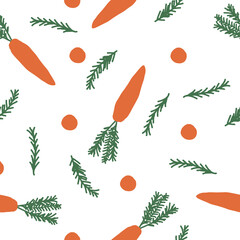 Carrot and leaves seamless pattern. vector hand drawn doodle. wallpaper, textiles, kitchen, wrapping paper, vegetable, harvest.