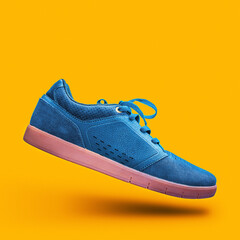 Blue sneakers on a yellow background.