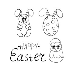 happy easter set. bunny, egg, chick and lettering. sticker, card, poster. sketch hand drawn doodle style. vector minimalism. cute, childish.