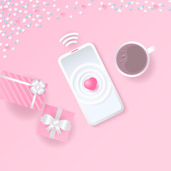  Pink heart on mobile phone with gift box.