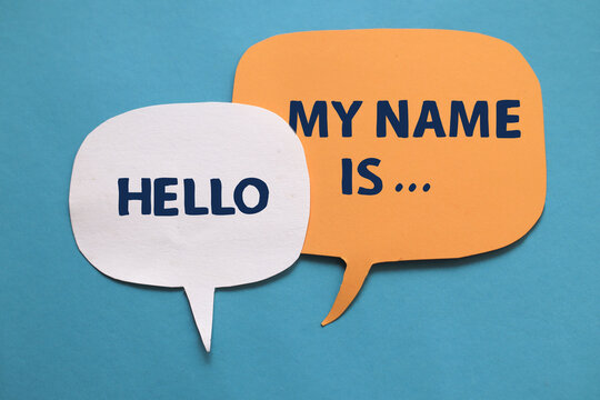 Hello my name is, text words typography written on paper against blue background, life and business motivational inspirational