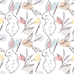 Seamless, endless pattern with white hare, bunnies and twigs with leaves, modern style, vector illustration