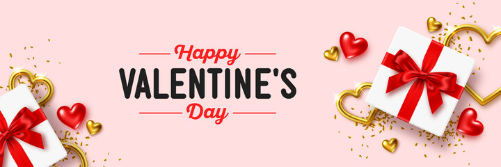 Valentine's Day banner. Romantic 3d composition made of gift boxes with a red bow, red and gold jewelry hearts and confetti on pink background, vector illustration