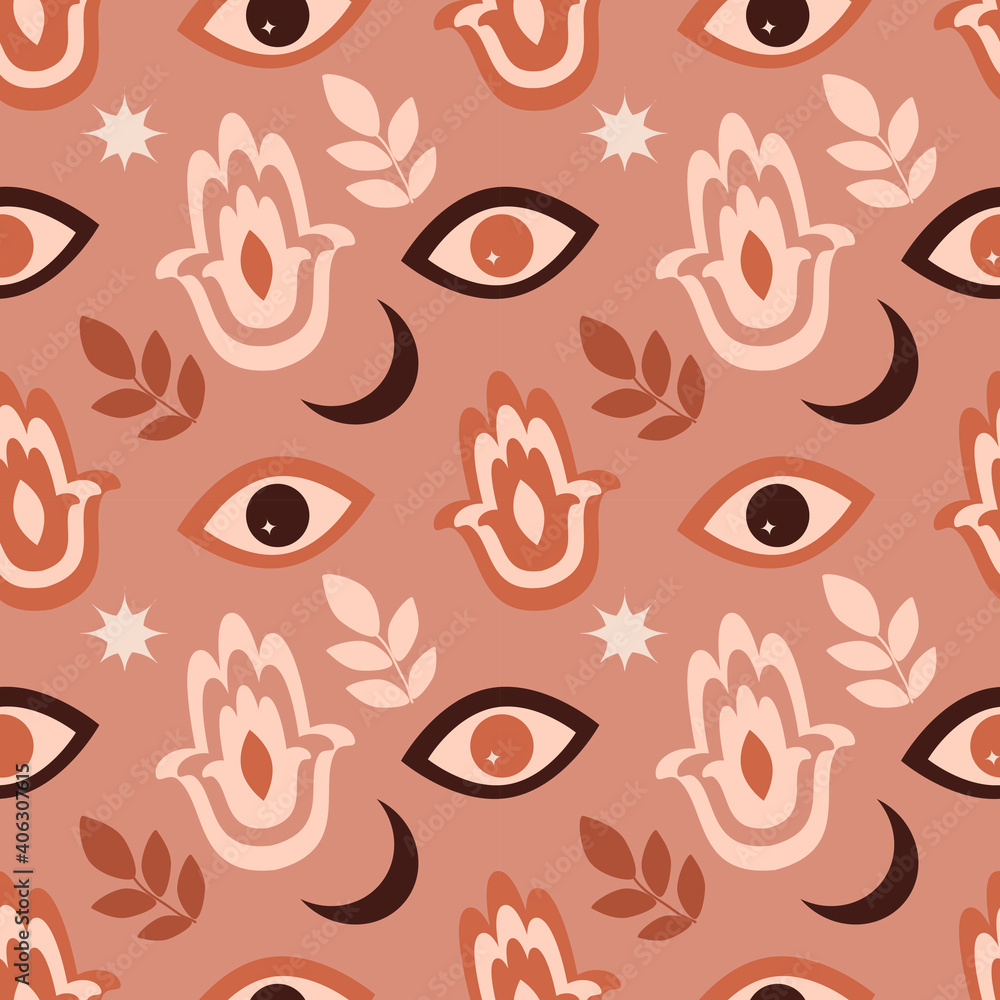 Wall mural vector seamless pattern on esoteric theme in boho style with hand drawn naive eyes, hamsa, moon, sta