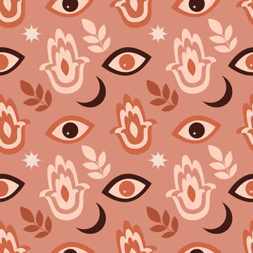 vector seamless pattern on esoteric theme in boho style with hand drawn naive eyes, hamsa, moon, stars and plants. pattern for printing on fabric, wrapping paper. background for web and apps