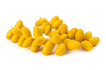 Bunch of yellow raw Date Fruit or Medjool Dates (Phoenix dactylifera) from the palm tree isolated on White Background.Healthy lifestyle and Vegetarian concept