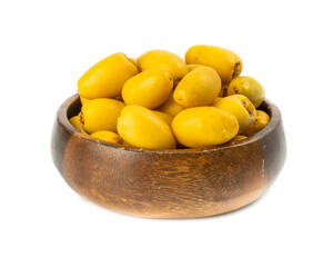 Bunch of yellow raw Date Fruit or Medjool Dates (Phoenix dactylifera) from the palm tree isolated on White Background.Healthy lifestyle and Vegetarian concept