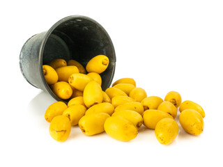 Bunch of yellow raw Date Fruit or Medjool Dates (Phoenix dactylifera) from the palm tree isolated on White Background.Healthy lifestyle and Vegetarian concept