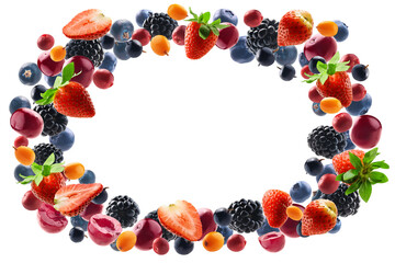 Many different berries in the form of a frame on a white background