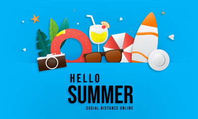Summer sale vector banner set design with text hello summer in a blue background for marketing promotion. Decorate with Brown sunglasses, orange juice, camera, surfboard, hat, and umbrella.