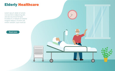 Senior couple recuperating at hospital bed after operation. Idea for elderly healthcare, medical concept.