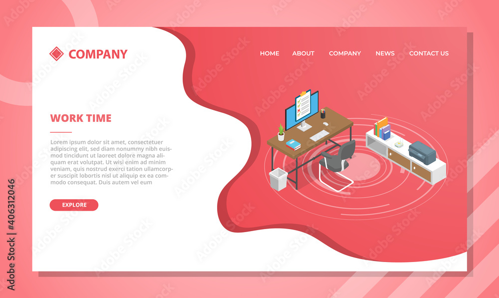 Poster work time concept for website template or landing homepage design with isometric style