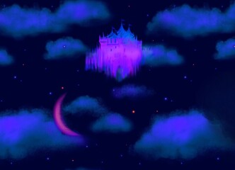 夜空に浮かぶ雲と御伽噺のようなゴシック様式のお城のイラスト