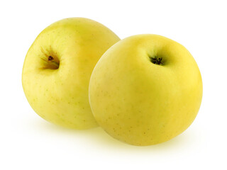 two yellow apples, isolated on a white background with a clipping path.