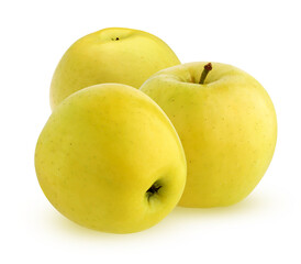 three yellow apples, isolated on a white background with a clipping path.
