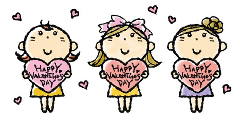 バレンタインハートを持つ可愛い女の子の手描きイラスト