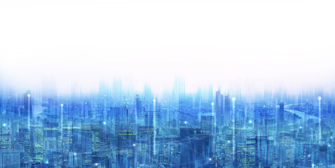 Double exposure vision of modern cityscape and network line connect background.
