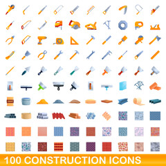 100 construction icons set. Cartoon illustration of 100 construction icons vector set isolated on white background