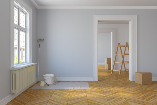 3d Illustration - leere, freie skandinavische Wohnung mit großen Fenstern und Parkettboden - renovieren - sanieren - vorrichten - malern - streichen - Leiter