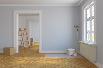 3d Illustration - leere, freie skandinavische Wohnung mit großen Fenstern und Parkettboden - renovieren - sanieren - vorrichten - malern - streichen - Leiter - obrazy, fototapety, plakaty