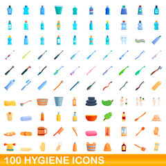 100 hygiene icons set. Cartoon illustration of 100 hygiene icons vector set isolated on white background