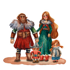 Cartoon illustration of viking family. Portrait of man, woman and children. Parenthood. Ancient scandinavian family. Cute cartoon characters. Medieval viking people. Husbent, wife, boy and girl.