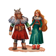Cartoon illustration of viking family. Portrait of man and woman. People in love. Ancient scandinavian family. Cute cartoon characters. Medieval viking people. Husbent and wife.