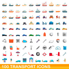100 transport icons set. Cartoon illustration of 100 transport icons vector set isolated on white background