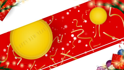 Snowflakes on red and white background. Merry Christmas and Happy New Year. Set New Year Gifts on The Festive Background. Colored. Winter Holidays Set Realistic gifts. Vector Illustration