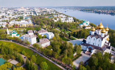 Panoramic aerial view of city of Yaroslavl with buildings, river Volga and landscape, Russia