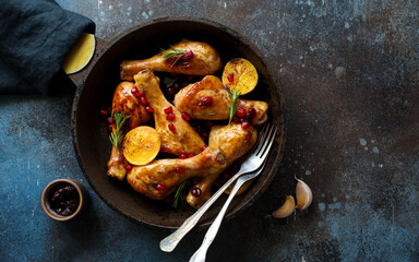 Fried chicken drumsticks with lemon and pomegranate seeds in a skillet