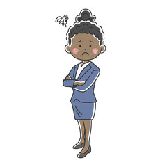 腕組みをして困っている黒人ビジネスウーマンのイラスト