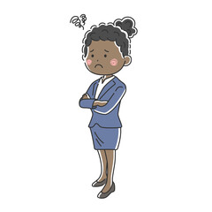 腕組みをして困っている黒人ビジネスウーマンのイラスト