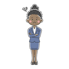 腕組みをして困っている黒人ビジネスウーマンのイラスト