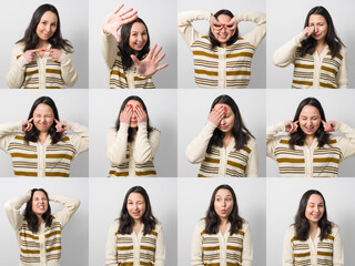 A young woman girl posing with many different facial expressions.