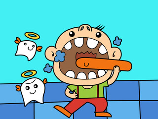 The boy stood brushing his with teeth with some tooth angels around