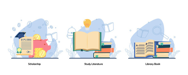 Diploma academic Achievement. Reading book, Book Collection icon set. Scholarship, Study literature, Library book. Vector flat design isolated concept metaphor illustrations