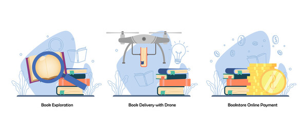 Searching book, Book Delivery, digital bookstore, online payment icon set. Book Exploration, Book delivery with drone, Online Payment. Vector flat design isolated concept metaphor illustrations